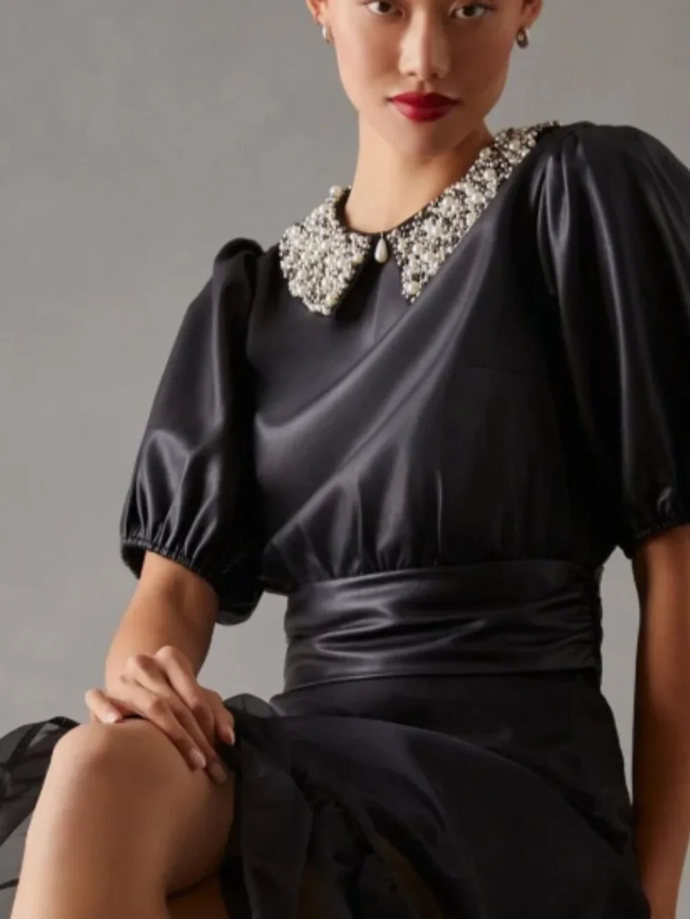 Maeve Faux Leather Puff-Sleeve Blouse - Size Medium